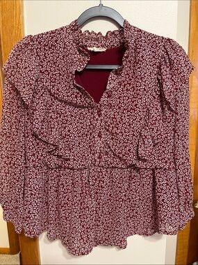 orange creek Burgundy Ditsy Floral Ruffle Peplum Blouse